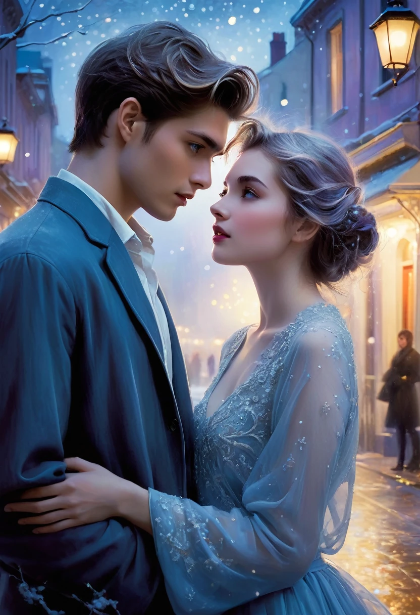Create a softly blurred cityscape or an atmospheric apartment setting at twilight. Add subtle hints of ethereal light or mist to evoke a sense of mystery and romance. A disappearing young charming man with a playful look on his face,  facing him is a young beautiful  women looking at him with a mixed expression of confusion and frustration. The Young woman should be depicted in a contemporary outfit, looking both intrigued and exasperated.  Position them to suggest their interaction, with the young woman looking at the Young man .Use a palette of cool blues, soft purples, and silvers to convey the supernatural theme. Add touches of warm gold or red to hint at romance and create visual interest. Incorporate subtle ghostly motifs, such as floating objects or faint, whimsical swirls around the Young Man to emphasize his ethereal nature. A touch of snow or twinkling lights could enhance the romantic and whimsical atmosphere. The overall mood should blend humor, romance, and a touch of mystery. Ensure the cover conveys the lighthearted yet intriguing nature of the story, drawing readers in with its promise of supernatural romance and comedic adventures.


