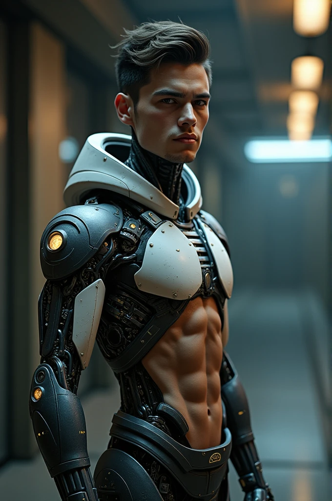 {{master piece}}, best quality, photograph of sexy twink in the process of being turned into a cyborg, on top of a futuristic operating table, ((exposed pectoralis muscles)), handsome detailed azure eyes, handsome boyish face, detailed cyberpunk lab, handsome detailed hair, wavy hair, handsome detailed street, mecha clothes, robot boy, cool movement , skinny twink body, {filigree}, futuristic lab background, {lightning effect}, ((detailed cyborg crop top armor)), mind control device on head, ((whole body image.))