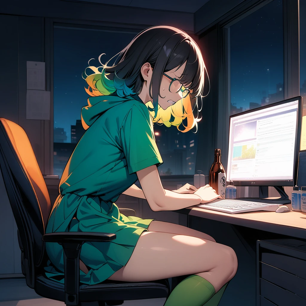 (masterpiece),(best quality),very aesthetic,(ultra-detailed),(super-fine illustration),vibrant colors,high saturation,nsfw,1girl,25yo,slender,tall,medium hair,black hair,natural wave hair,flipped hair,dark green eyes,tired,clenching teeth,jitome,glasses,(thigh-high parka dress with gradient earth color,hot pants),short sleeves,green socks,summer,living room,desk,monitor,keyboard,PC,office chair,sitting on office chair,japanese sake bottle,night sky,window,cowboy shot,(working on a computer),looking at monitor