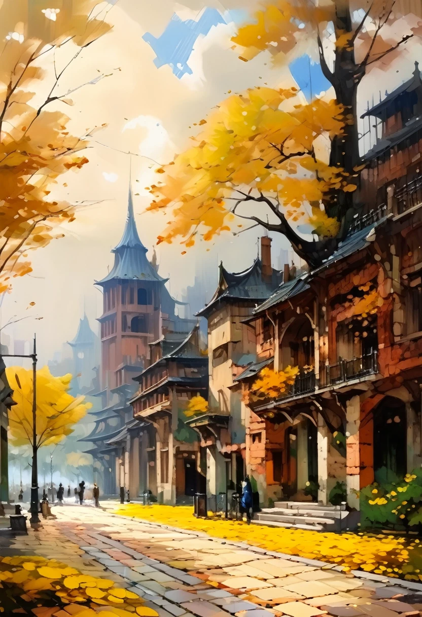 Masterpiece, best composition, best quality, park scenery in autumn, gingko trees on both sides of the promenade, brick-paved sidewalk, cloudy sky, no people.