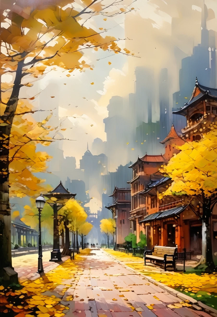 Masterpiece, best composition, best quality, park scenery in autumn, gingko trees on both sides of the promenade, brick-paved sidewalk, cloudy sky, no people.