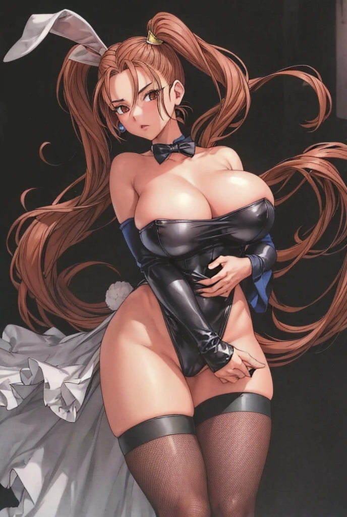 Jessica, a mature-looking girl with big breasts, beautiful legs, shoulder-length twin tails, exposed arms and shoulders, dressed as a bunny girl in a black high-cut bunny suit and fishnet stockings, is meeting with a middle-aged aristocrat with her legs spread to the side.。