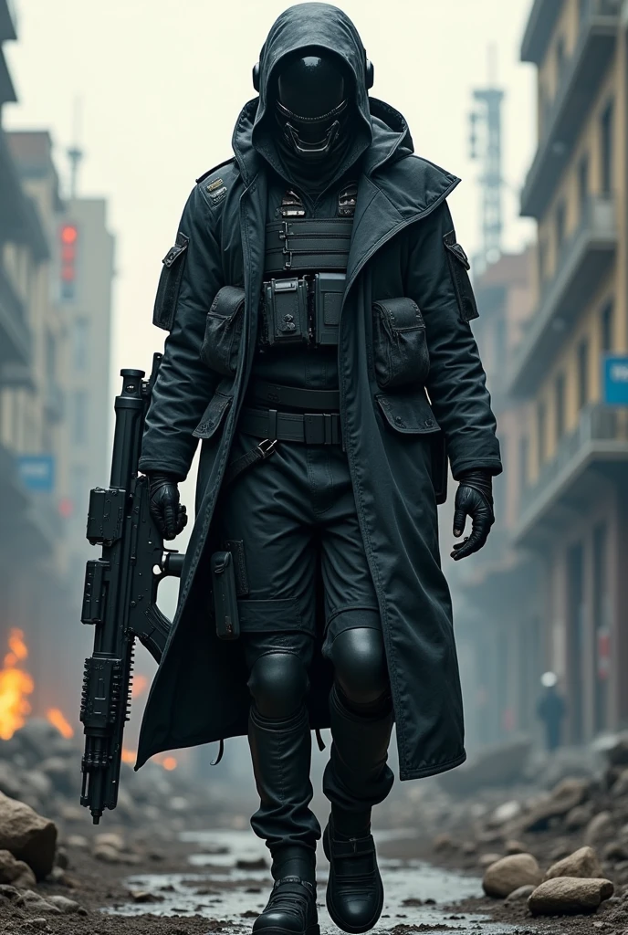 Stunning futuristic soldier armed with a high-tech rifle, walks along the desolate street of a modern city in ruins, at dawn, wearing tactical urban techwear, an oversized asymmetric long jacket with a black military camouflage pattern, in a ninja cyberpunk style, and an incredible high-tech cyberhelmet, carrying a giant future rifle, and high-tech weaponry, with real metal parts, in a post-apocalyptic setting, muted colors, neon accents, professional realistic photography, perfect focus, perfect contrast, at dawn, hyper-detailed realistic textures, incredible depth of field, a masterpiece of professional DSLR photography, long exposure, dramatic lighting, an atmospheric view, impressive and intimidating, year 2150, after the great war, unbeatable, stunning photo, sci-fi scenery, fire, and fog in the background,