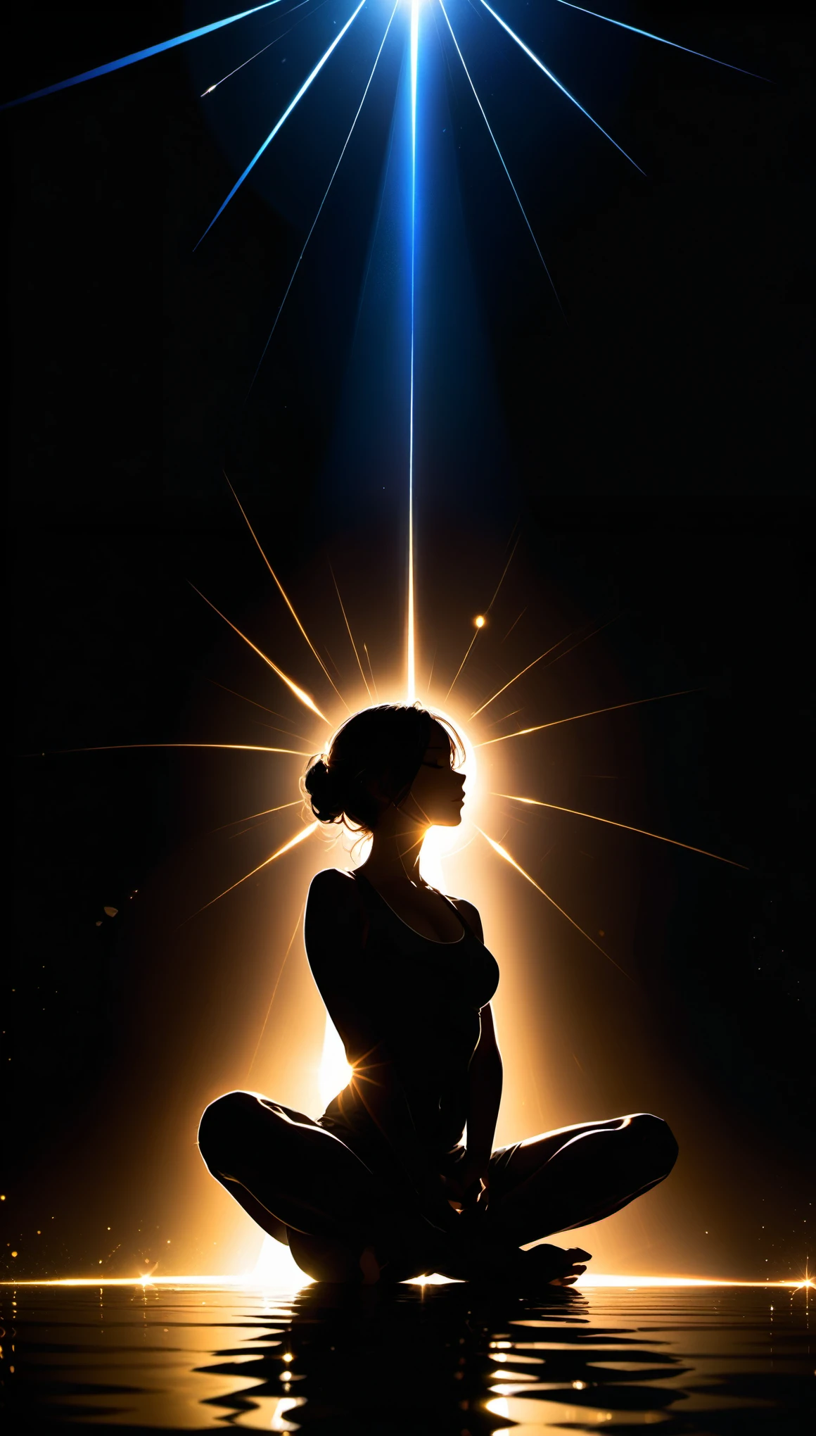 High resolution, masterpiece, Highest quality, Ultra high definition, Meditating,Dark Background,Lens flare, Backlight, silhouette, 