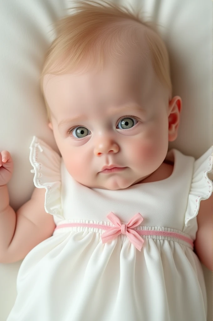 A beautiful little white newborn with blonde green eyes dressed in a white dress with pink details 