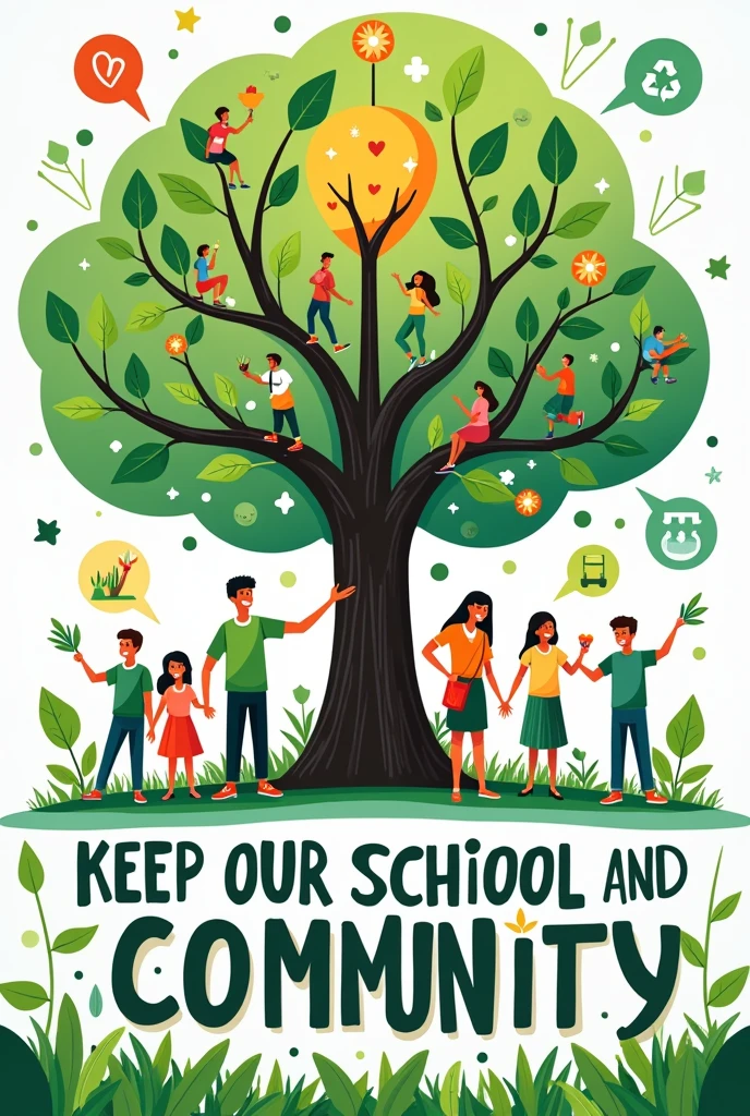 Design a vibrant and engaging poster titled "Keep Our School and Community Healthy!" The poster should feature a large, central tree symbolizing growth and health, with branches and leaves shaped like various symbols representing health and community (e.g., people holding hands, recycling symbols, and hearts). Surrounding the tree, include smaller illustrations showing:
1. Recycling Efforts: Students putting paper and plastic bottles into recycling bins.
2. Green Spaces: Community members and students planting flowers and trees in a park.
3. Cleaning Initiatives: People picking up trash using gloves and proper trash bags.
4. Sustainable Transport: Students riding bikes or walking, highlighting the reduction of pollution.
5. Healthy Living: A group of students eating fruits and vegetables or engaging in physical activities like jogging or playing sports.
Incorporate text elements with a top banner reading "Be a Community Hero! Help Keep Our School and Environment Clean and Healthy!" Include call-to-action phrases such as:
- "Reduce, Reuse, Recycle!"
- "Plant Trees and Flowers!"
- "Walk or Ride a Bike to Reduce Pollution!"
- "Keep Our Parks and Playgrounds Clean!"
- "Eat Healthy and Stay Active!"
Use colors like green and blue for nature elements and add bright colors like yellow, red, and orange to make the poster visually appealing and attention-grabbing.