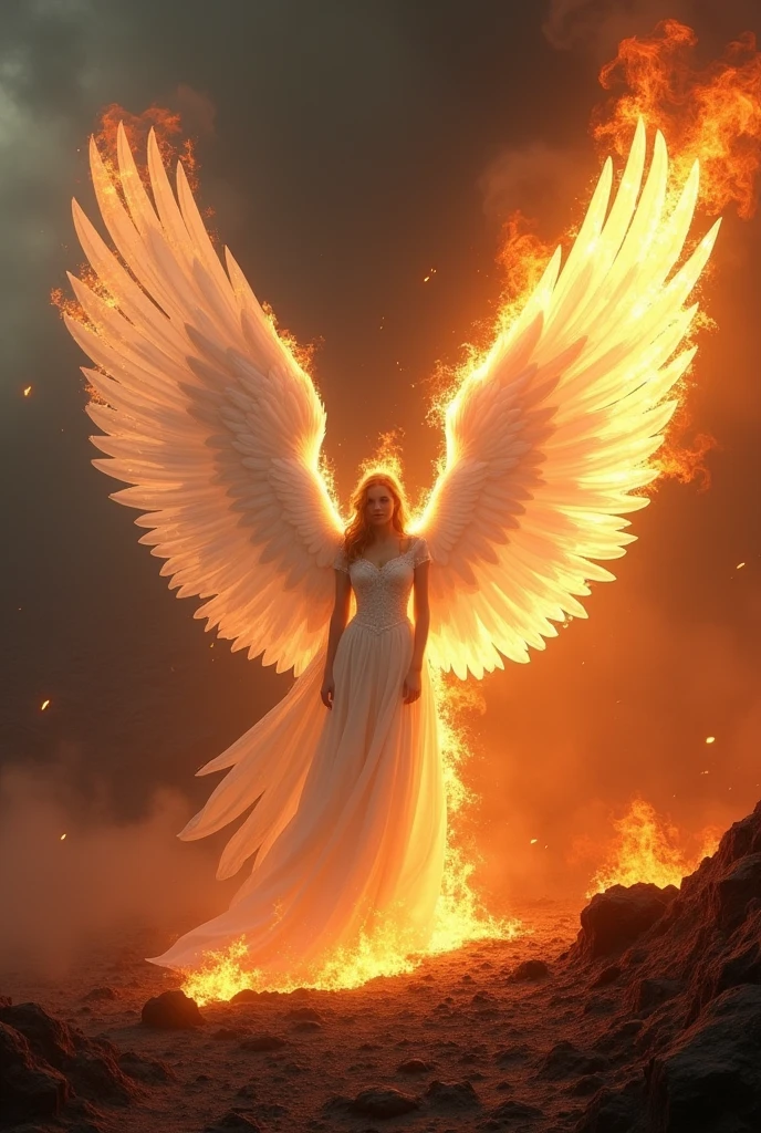 Long white angle wings on fire landscape