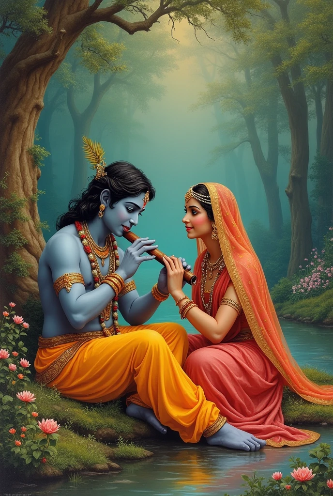 Radha &Krishna sitting in a julna , Krishna's hand a bansuri