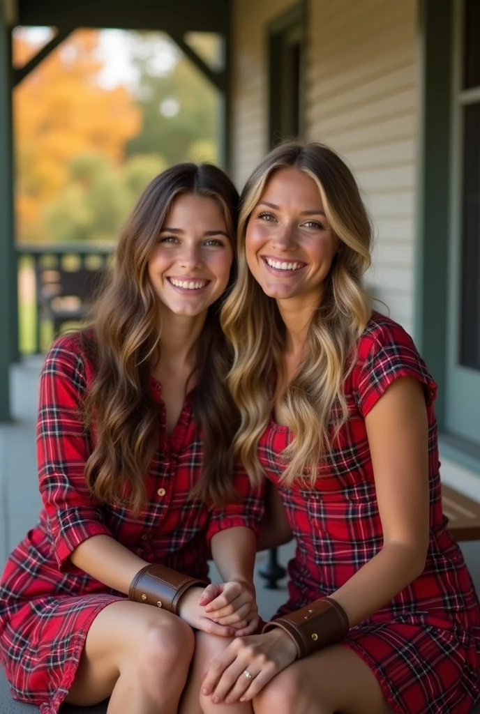 Photorealistic image of {two women sitting next to each other on a porch}, one wearing a red plaid dress, inspired by Joanna Gaines. The setting reflects a rustic apple orchard during the fall-winter season of 2015-2016, with elements of Greek and Romanian cultural influences subtly integrated. The women exhibit a youthful Southern charm, one with leather cuffs around her wrists and a wide grin. Background emphasizes the warm tones of autumn, capturing the essence of a cozy, rural atmosphere. Trending on Instagram, with a focus on natural light and a shallow depth of field. Ultra-high resolution, HDR, soft focus.