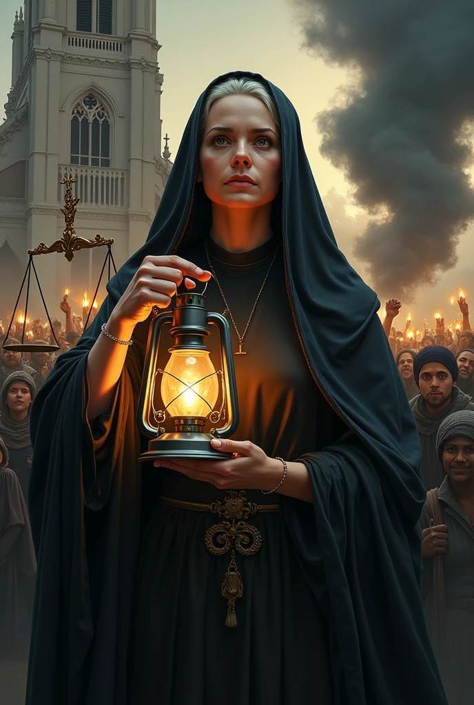 mother francisca holding a lantern with her left hand with church on the back with protestors, justice scale at the side, and a dark cloud near the lantern