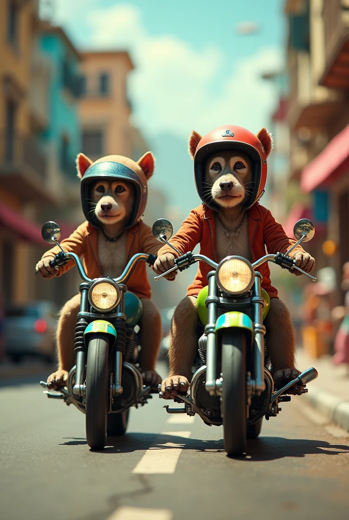 Dogs and monkeys are driving motorcycles 
