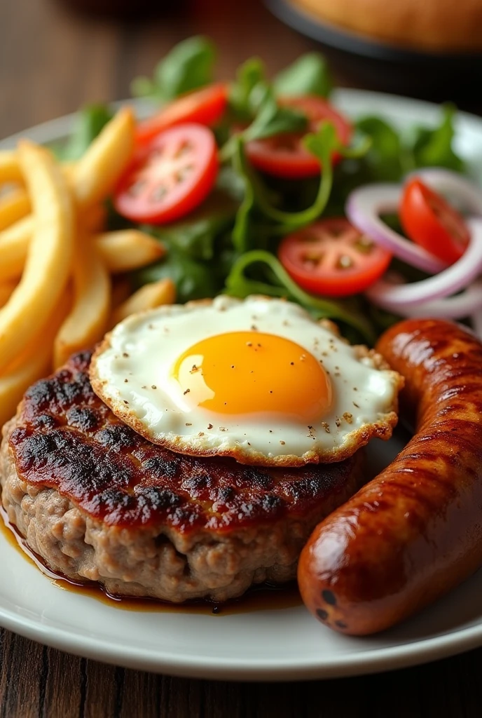 Plate with French fries with a round meat and a sausage and a fried egg julienned onion and tomato salad
