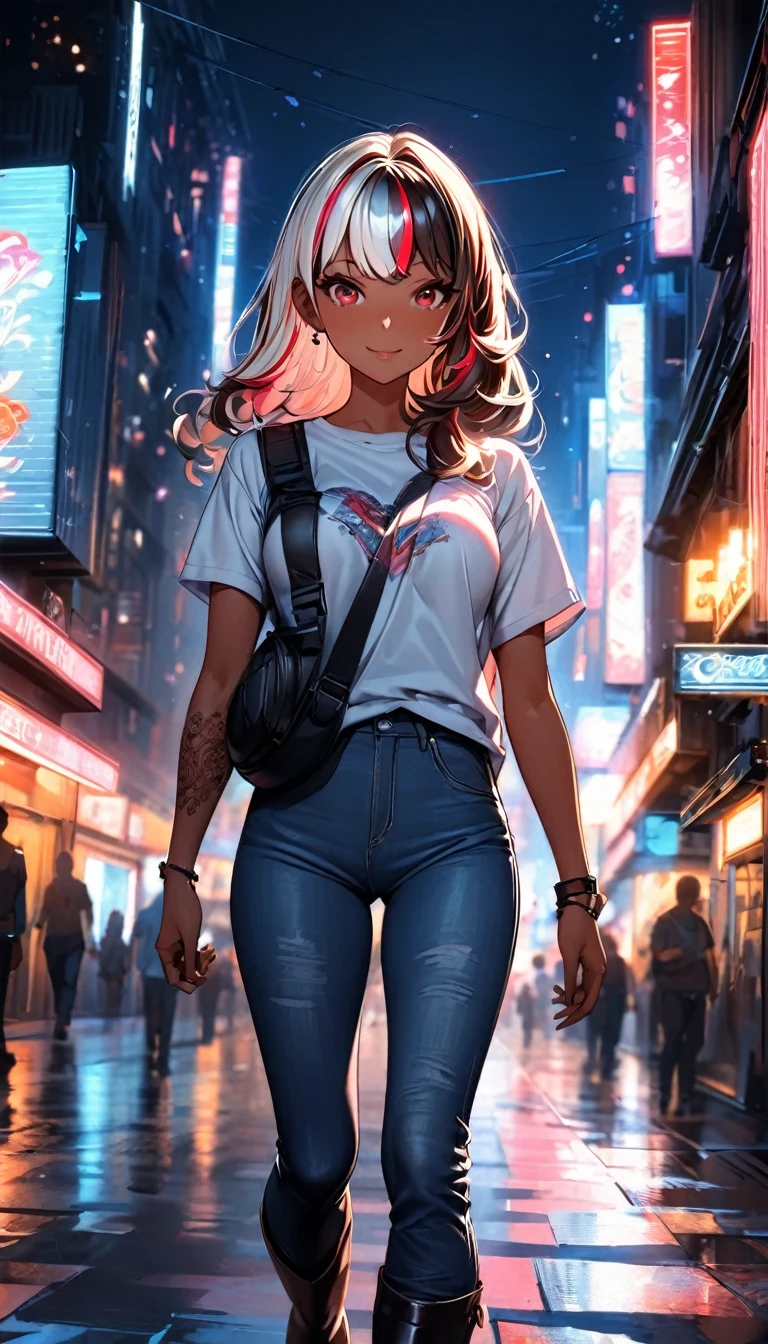 (highest quality:1.2, Very detailed, up to date, Vibrant, Ultra-high resolution, High Contrast, masterpiece:1.2, highest quality, Best aesthetics), Portraiture、girl、singer, solo, ((25-years-old:1)), Bright colors, Beautiful fine details、Beautiful lip detail、medium wave hair、red and white ((streaked hair:1.6)), highlights hair: 1.5, red eyes, slim body, medium breast, (tan skin:1.1), (Floral Fineline tattoo design on left arm:1), Walking down the busy street at night,, sparkling city lights, headphone, daypack, t-shirt, jeans short, long boots, full body,