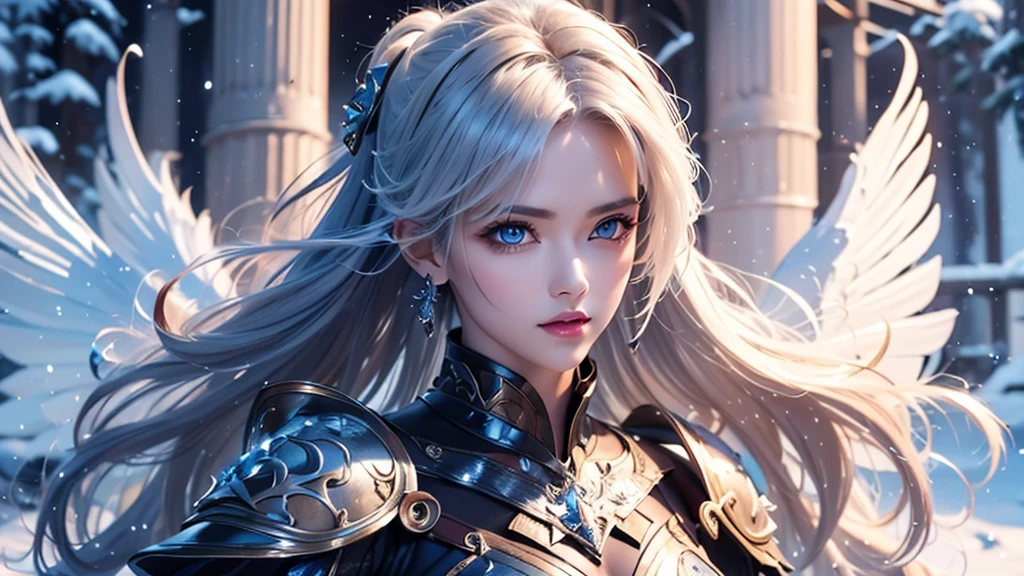 Close-up of woman holding sword and armor, Armor Girl, 2. 5D CGI anime fantasy artwork, Large Breasts，Epic fantasy digital art style, detailed Digital 2D fantasy art, Digital 2D fantasy art, original photo, (best quality:1.3), high resolution, (masterpiece), (lifelike:1.4), Professional photography, Be focused, High Dynamic Range, 8K resolution, Intricate details, Fine details, Depth of Field, Extremely detailed CG unified 8k wallpaper, masterpiece，poster，best quality，Official Art，（Beauty and aesthetics：1.2），（masterpiece：1.3），miss，Personal，Light Leather Armor，Complex Mode，winter，Snow Mountain，Medium distance photography，（midnight），dramatic，Glowing Wings，