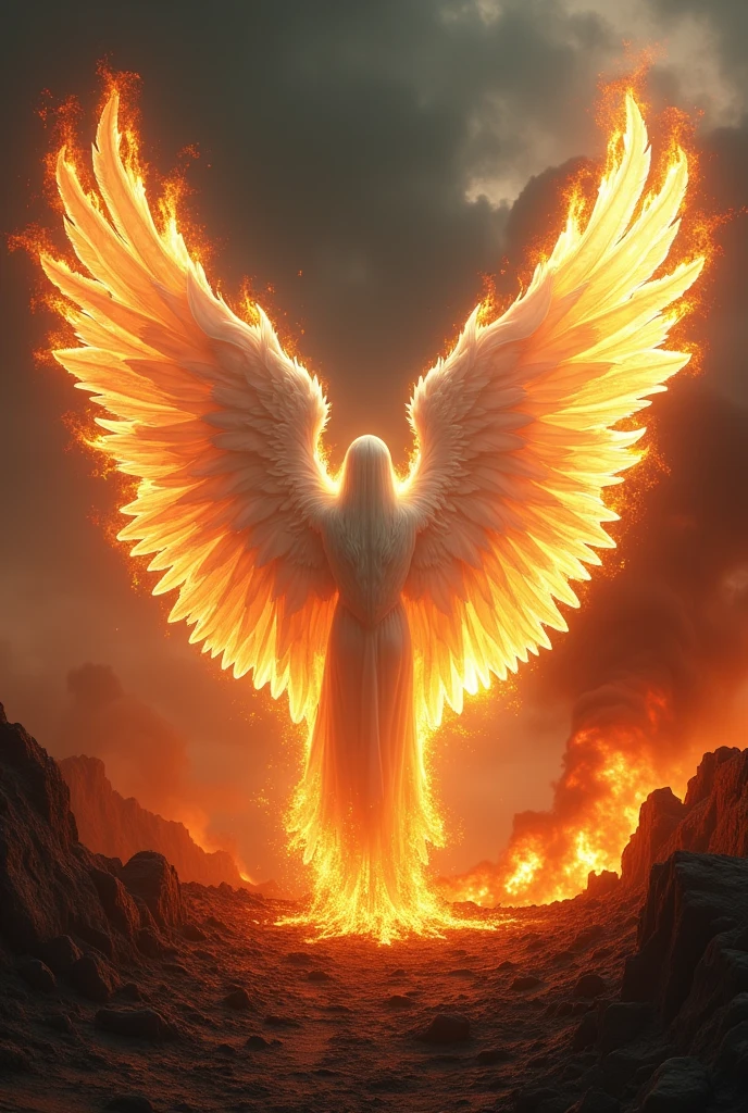 Long white angle wings on fire landscape