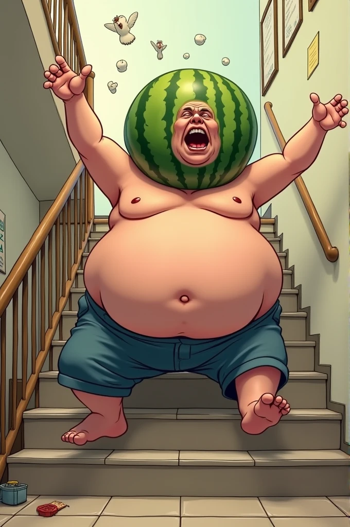 A fat man with his shirt off and a watermelon head falls down the stairs.