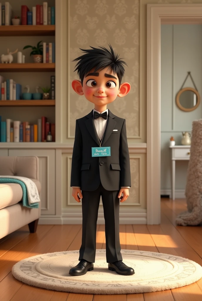 A boy of , thin, short trim, shaggy, large ears sticking out to the sides, spoon-eared, with straight facial features, freckled, defiant, stands in the center of the living room, facing the camera with a neutral expression and a slight smile. He is dressed in an elegant black single-button jacket with notched lapels, a button-down blue-and-white plaid shirt, and a gray bow tie. A blue rectangular label with white text reading 'The Black Tux' hangs from a lanyard around his neck. His right hand dangles relaxed by his side, while his left hand rests on the blazer's button. The room has light beige walls with a subtle damask pattern, creating a warm atmosphere. To the left, there is a beige couch with a concrete-colored throw pillow and a white blanket with a marbled pattern in shades of brown, beige, and black draped over it. A rolled-up piece of fabric, likely carpet or wallpaper, leans against the wall next to the couch. Above the couch, shelves are filled with various items, including books, decorative objects, and small toys. A TV stand with a flat-screen TV, a black speaker, and other electronic devices is visible in the midground. On the right side of the image, an open doorway leads to another room where a white cabinet with two small doors and silver handles is visible. The walls in this adjacent room have a darker damask pattern, and a small mirror hangs above the cabinet. The lighting in the room is soft and even, providing a balanced illumination across the scene without harsh shadows. The overall composition focuses on the young man, who stands on a circular patterned rug, creating a formal yet homey atmosphere in the lived-in living space.
