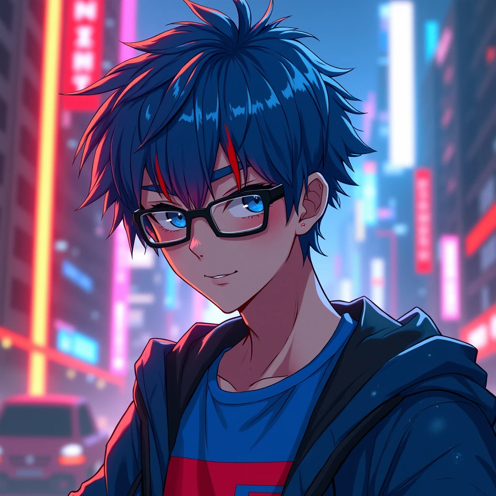 Design an anime-inspired male character with a cool, contemporary vibe. He has vivid blue hair with striking red streaks running through it, giving him an edgy, rebellious look. He’s wearing stylish black glasses that reflect mystery and a sharp intellect, with his eyes looking straight ahead, engaging the viewer directly. His attire includes a modern gamer T-shirt in electric blue with bold red highlights, resonating with his vibrant personality.

Position the character closer to the foreground, allowing for greater detail and connection with the viewer. The background should be a dynamic blend of neon red and blue hues, bathing him in an ethereal glow. Imagine a futuristic cityscape setting, where neon lights shimmer against soaring skyscrapers, creating an atmosphere that pulses with energy and sophistication.

His expression should carry a slight, confident smirk, emphasizing his cool demeanor. The neon elements should be artfully integrated, adding depth and intrigue while enhancing the overall modern aesthetic.