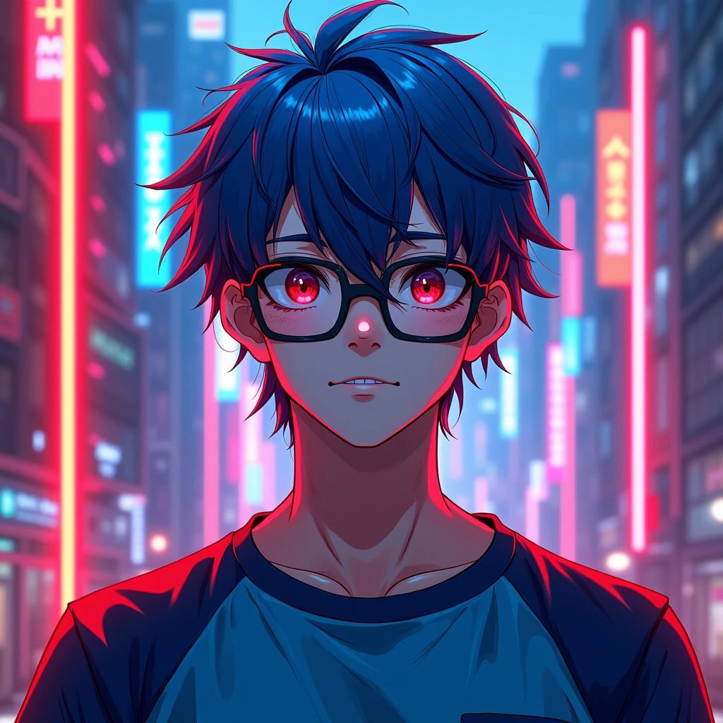 Design an anime-inspired male character with a cool, contemporary vibe. He has vivid blue hair with striking red streaks running through it, giving him an edgy, rebellious look. He’s wearing stylish black glasses that reflect mystery and a sharp intellect, with his eyes looking straight ahead, engaging the viewer directly. His attire includes a modern gamer T-shirt in electric blue with bold red highlights, resonating with his vibrant personality.
Position the character closer to the foreground, allowing for greater detail and connection with the viewer. The background should be a dynamic blend of neon red and blue hues, bathing him in an ethereal glow. Imagine a futuristic cityscape setting, where neon lights shimmer against soaring skyscrapers, creating an atmosphere that pulses with energy and sophistication.
His expression should carry a slight, confident smirk, emphasizing his cool demeanor. The neon elements should be artfully integrated, adding depth and intrigue while enhancing the overall modern aesthetic.