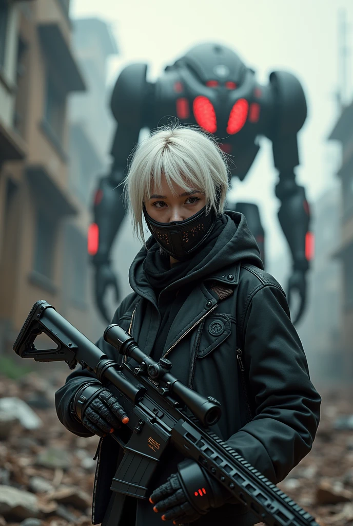 This is a CG Unity 8k wallpaper with ultra-detailed, high-resolution and top quality in cyberpunk style, dominated by black and red. In the picture, a beautiful girl with white messy short hair, a delicate face, wearing a steam mecha mask, standing on the ruins, behind her is a huge robot, and the action of a woman holding a heavy sniper rifle in her hand,neon noir dramatic lights, realistic photography extremely cinematic film,muted colors, cyber, visser, Masterpiece, depth-field,