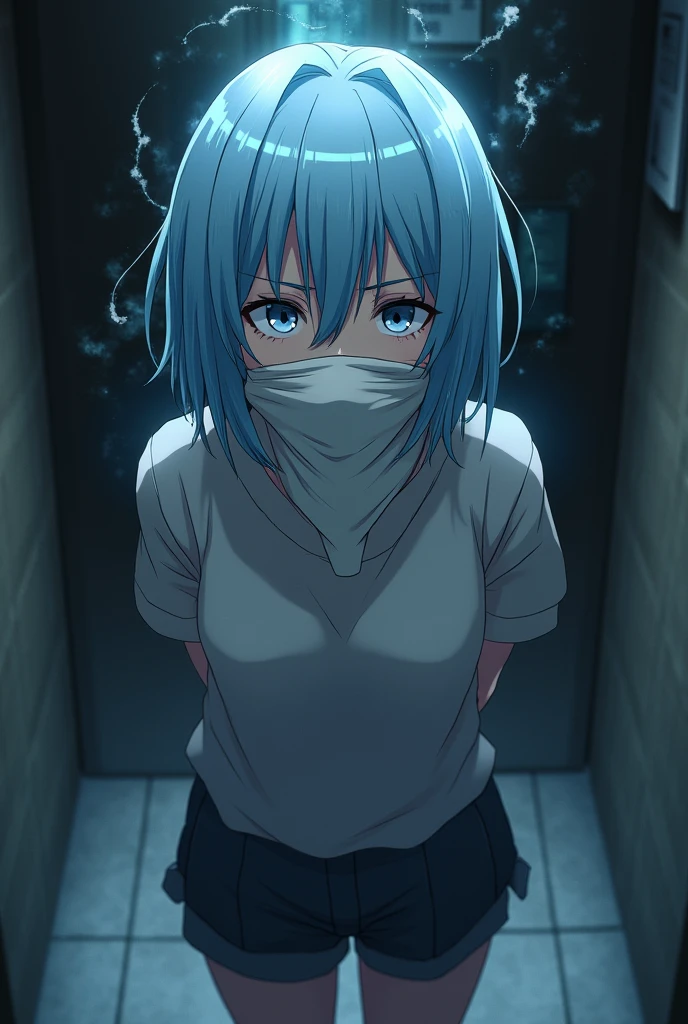 create an image of a female character (do anime demon slayer) with ice breath and light blue hair with her arms tied behind her back and her mouth gagged with a long cloth covering her nose and mouth in captivity