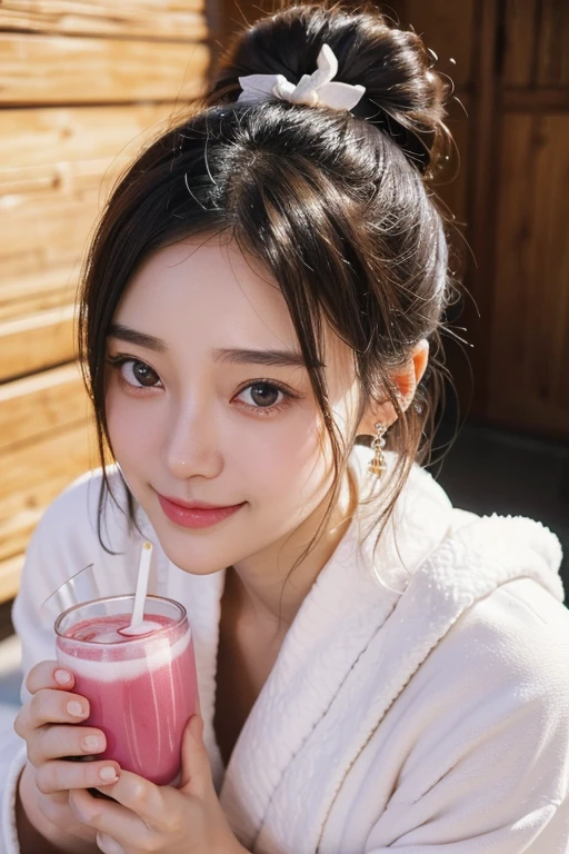 (Two pure Japanese,), (Small breasts:1.5,),(alone,,Textured skin, Detailed skin,Detailed face,Detailed eyes,detailed posing,Natural eyebrows,Sparkling eyes,Attention to detail, Highest quality, Very detailed, Surrealism, ,8k,RAW Photos,Photographicism,Professional Lighting,Ray Tracing,Portrait Photography,Soft Light),((Black Hair, Natural Makeup,Simple Earrings, Bun Hair,smile)),(((White bathrobe,Drink juice)))