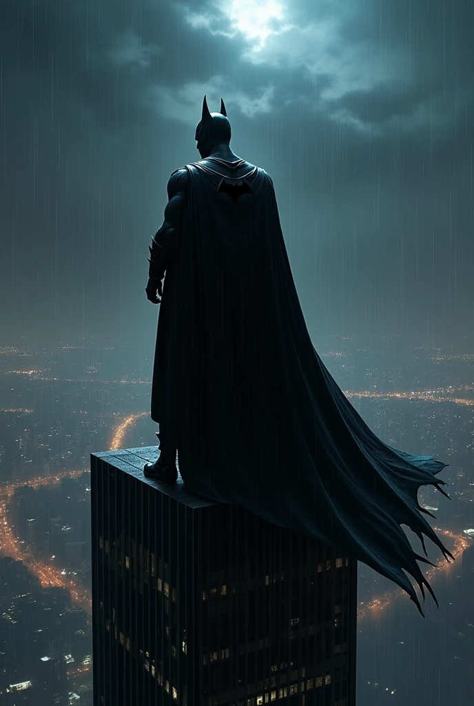 Batman on the skyscraper in the night raining weather