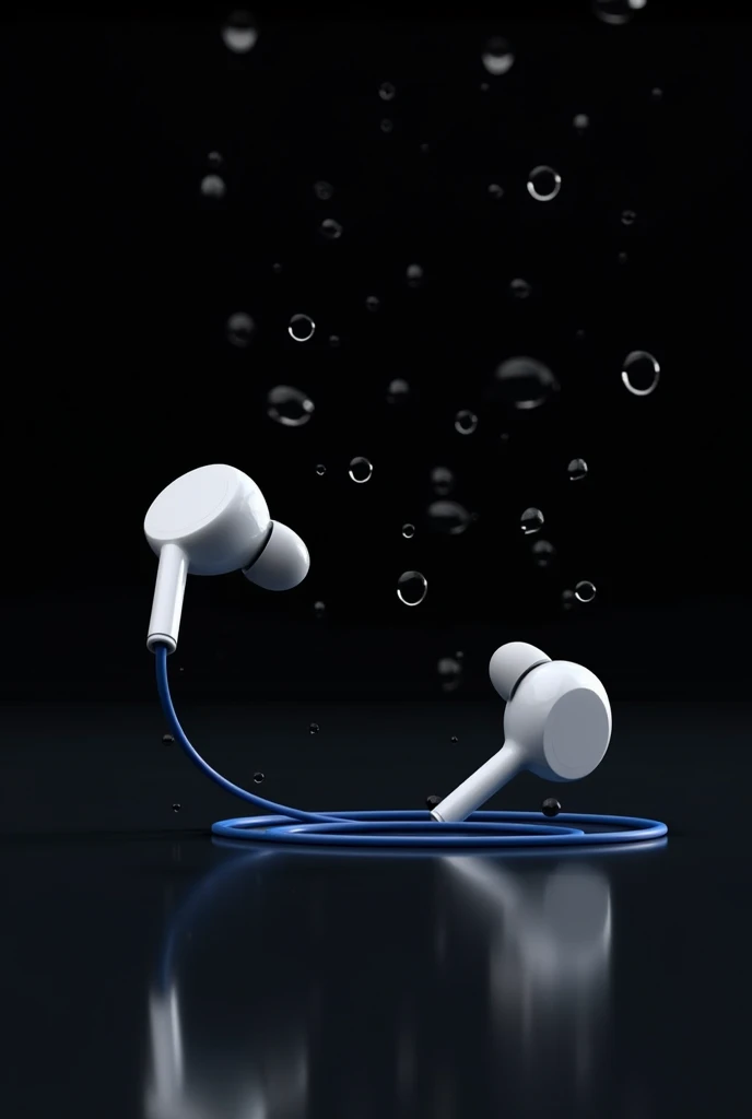 Two Bluetooth headphones are placed a reasonable distance apart, with a blue audio line connecting them.,black background,Moving water droplets