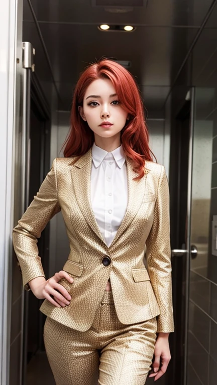 beautiful tall woman,Red hair,Yellow eyes,Surreal,Detailed suit