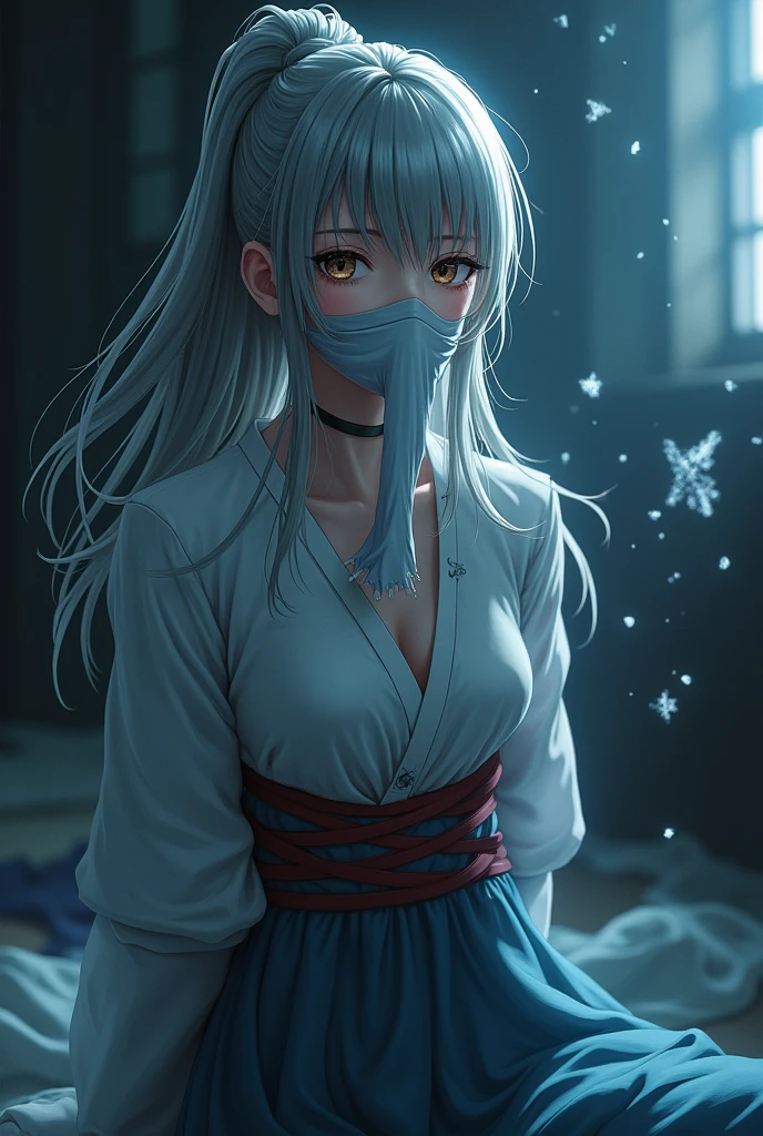 create an image of a female character (do anime demon slayer) with ice breathing tied with her arms behind her back and gagged with a long cloth covering her nose and mouth in a bondage