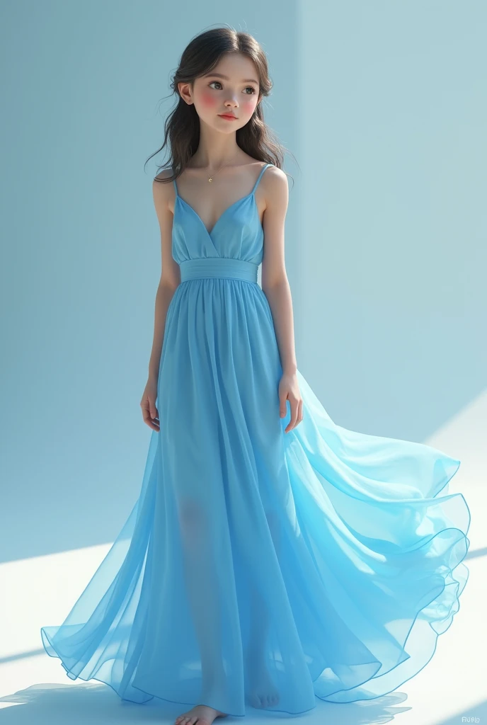 A girl of 4ft and 70kg wearing a sky blue gown sleveless
