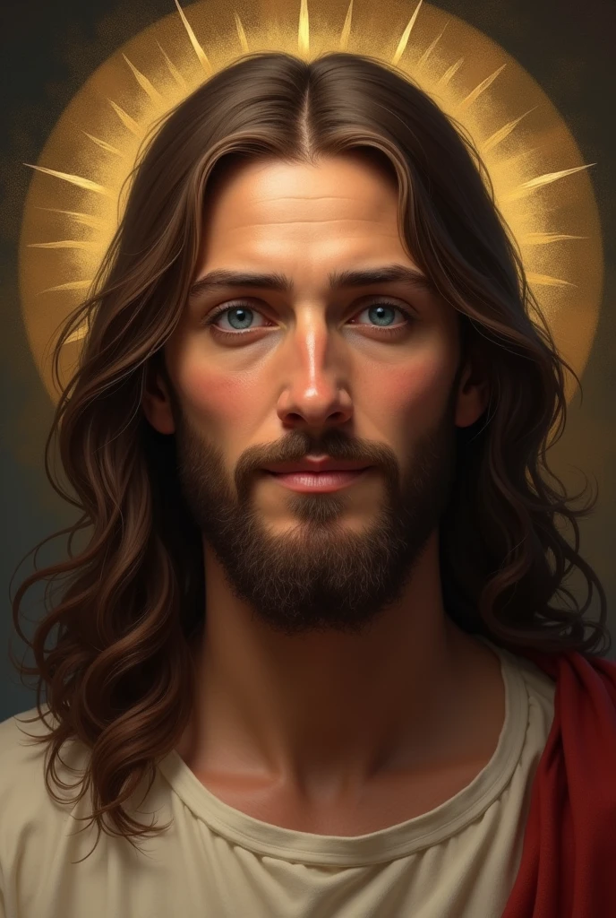 Lord Jesus, half body, Jewish smile, bright blue eyes