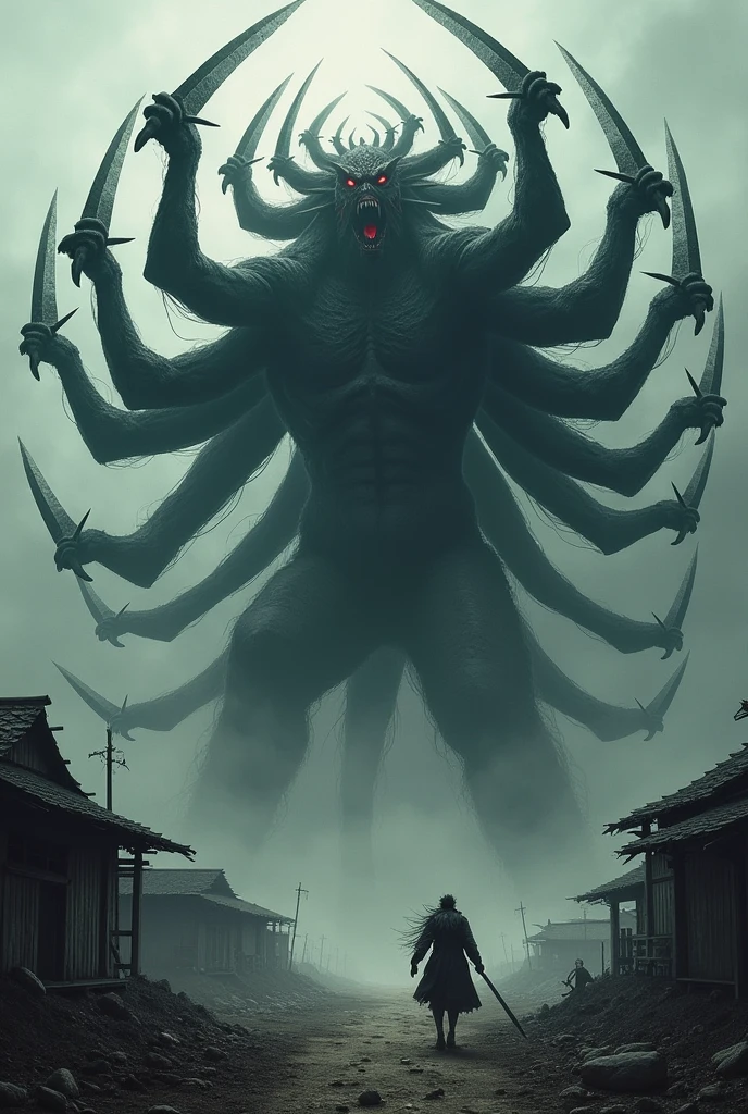 Design a terrifying image of Chimure no Senju Oni, a massive demon with countless arms, each holding a blade. It slashes at anything that comes near. The setting should be a dark, cursed battlefield or a shadowy, abandoned village, highlighting its violent and fearsome nature.