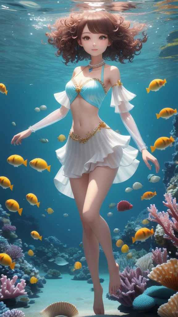 VTuber Character。Her hair is wavy and curly、Small shells and pearls are adorned here and there.。The outfit is designed to resemble the flow of light water.、A transparent cloth is wrapped around the shoulders and waist.。In the background、Transparent water bubbles and coral reefs spread out、Creates a fantastic atmosphere。