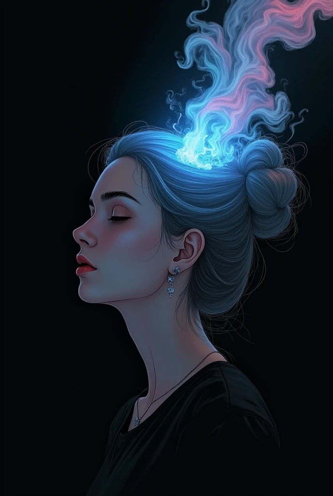 Create a breathtaking, award-winning illustration of a woman's face in a professional, highly detailed style. The image should be in black and white, with the woman's eyes closed. Her hair is styled in a bun, transforming into a cloud of blue and pink light against a black background. Smoke emerges from her mouth, blending into her hair, creating an eerie, unsettling atmosphere. The theme is horror, with a focus on a dark, spooky, and suspenseful mood. The style should be dystopian, bleak, and post-apocalyptic, conveying a somber and dramatic tone.