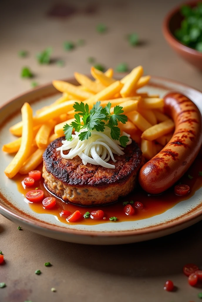 Plate with French fries with a round meat and a sausage and a fried egg, julienned onion salad and diced tomato