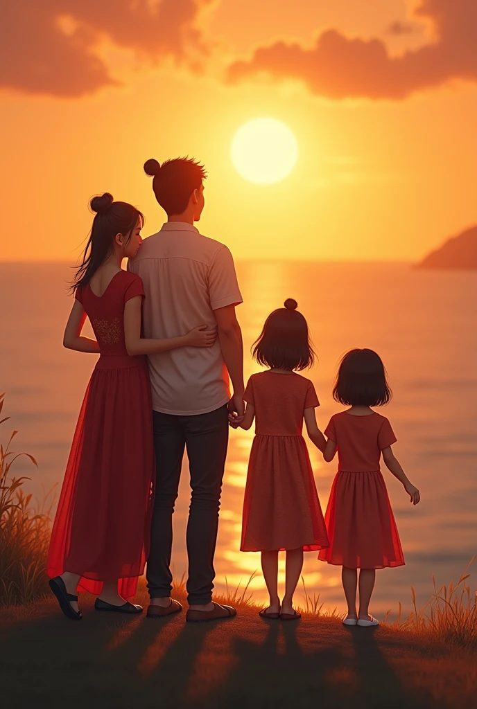 Chinese woman with Filipino man with a son and 2 daughters watching sunset side view