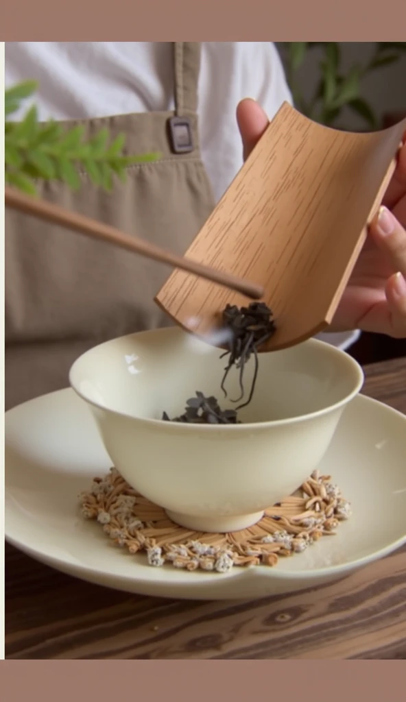 Put green tea leaves into a small teacup，Very detailed，HD，Clear details
