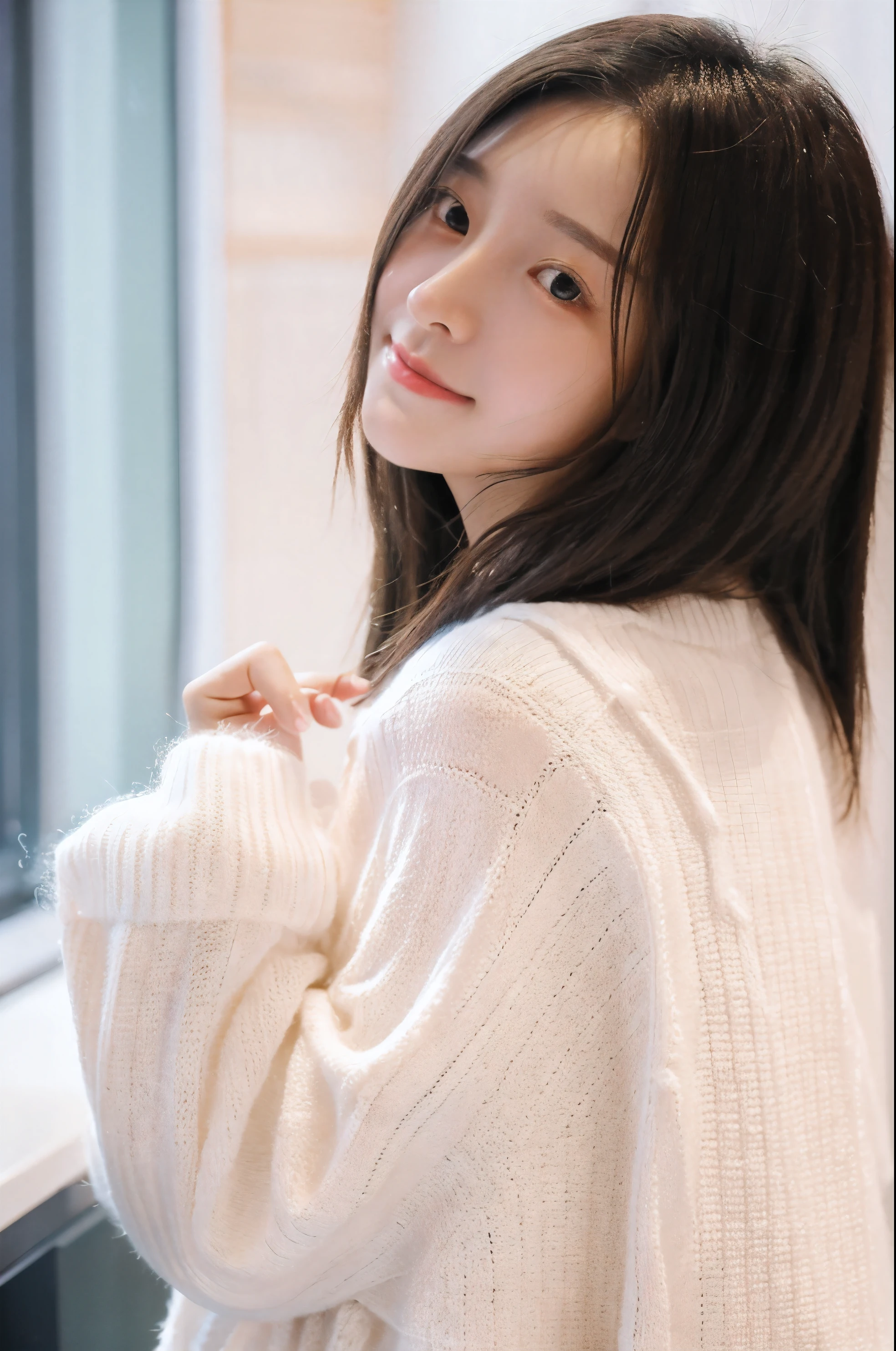 1, Female college student, indoor, Positive White sweater Close-up of face Beauty pastel whole body Arms behind her back