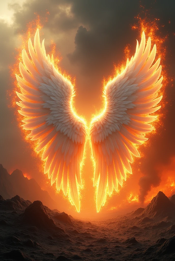 Long white angle wings on fire landscape 