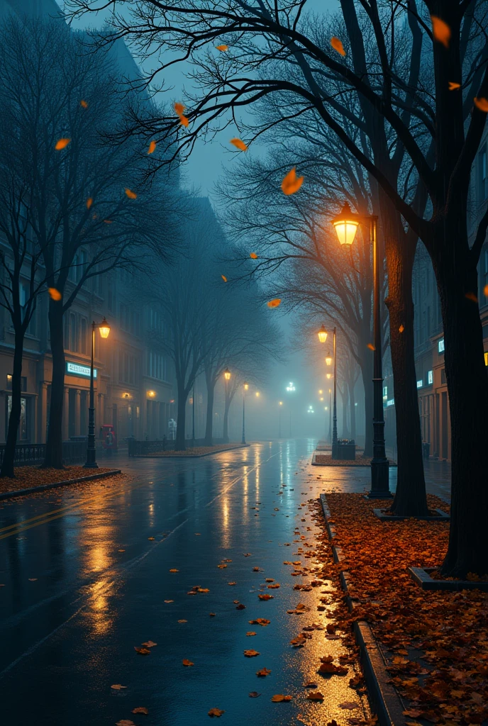 The quiet city streets at night and the weather is a little drizzly and there are lots of fallen leaves carried by the wind and the streets are starting to get wet.