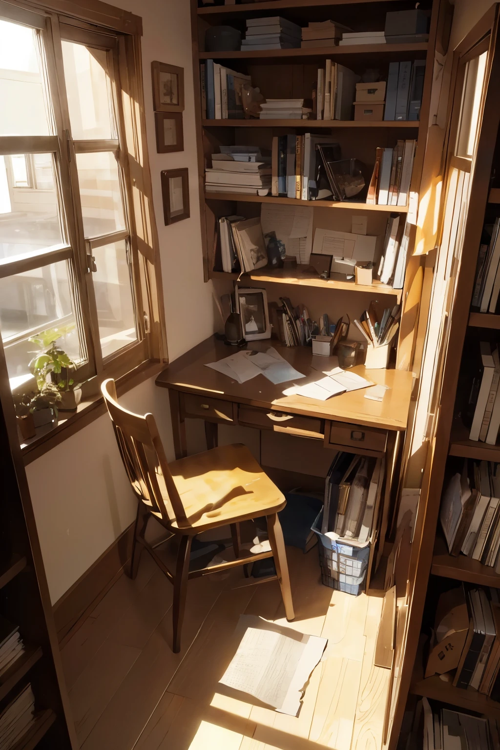 There is a bookshelf on one wall、There is a desk in the middle of the room, and a book is placed on the desk.。There is no one in the room and it is a small room.