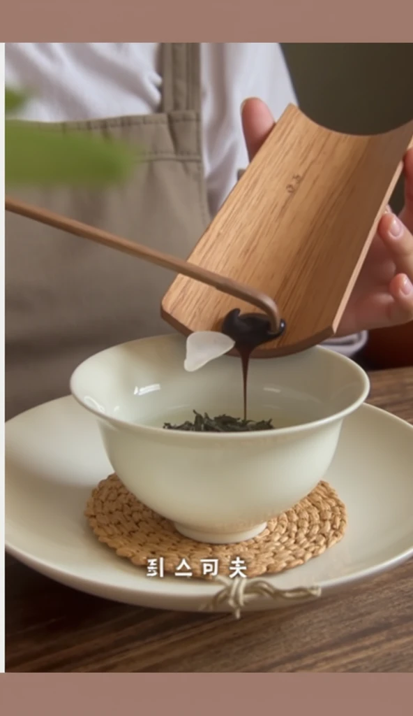 Put green tea leaves into a small ceramic teacup,Very detailed,HD,Clear details