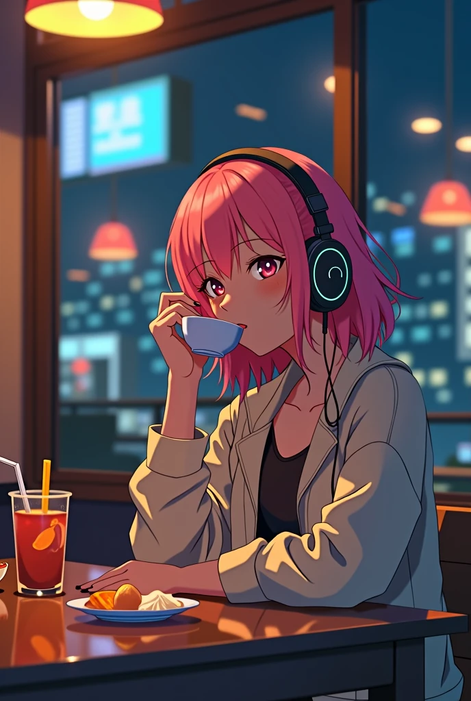 Ghibli-style anime scene,Pink haired Asian woman wearing headphones in a cafe at night,Table with drinks,Neon Black,Highest quality,Model shooting style