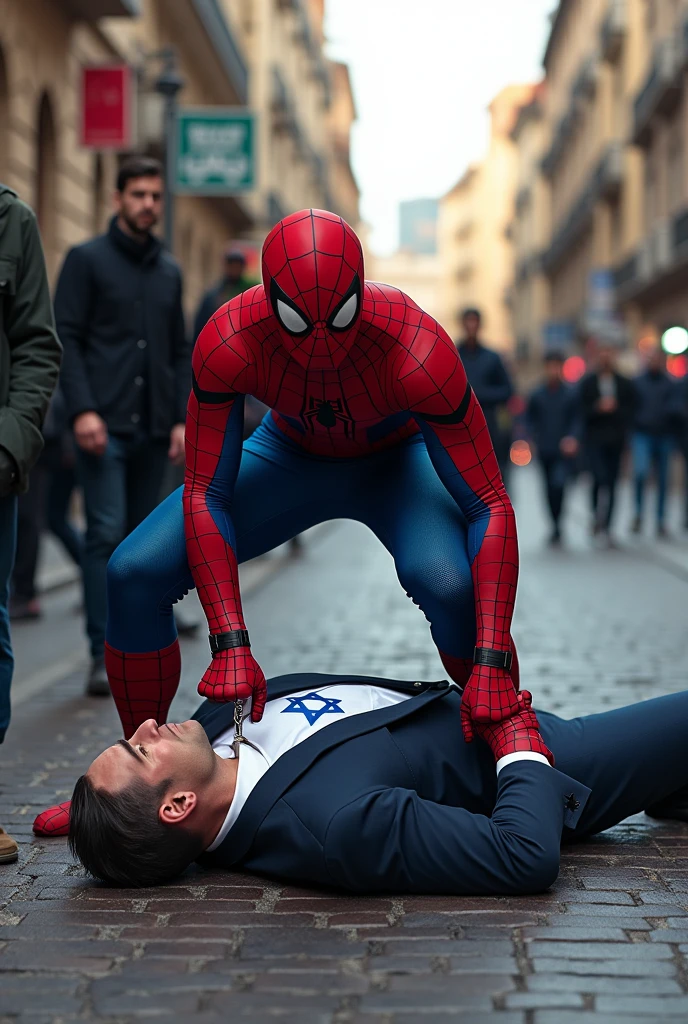 A spiderman kills the prime minister of Israel with a sword in a city road on The sword is thrust into his stomach and the prime minister is wearing court. The colors of the court are made of the Israeli national flag. And some Palestinian people are watching this scene