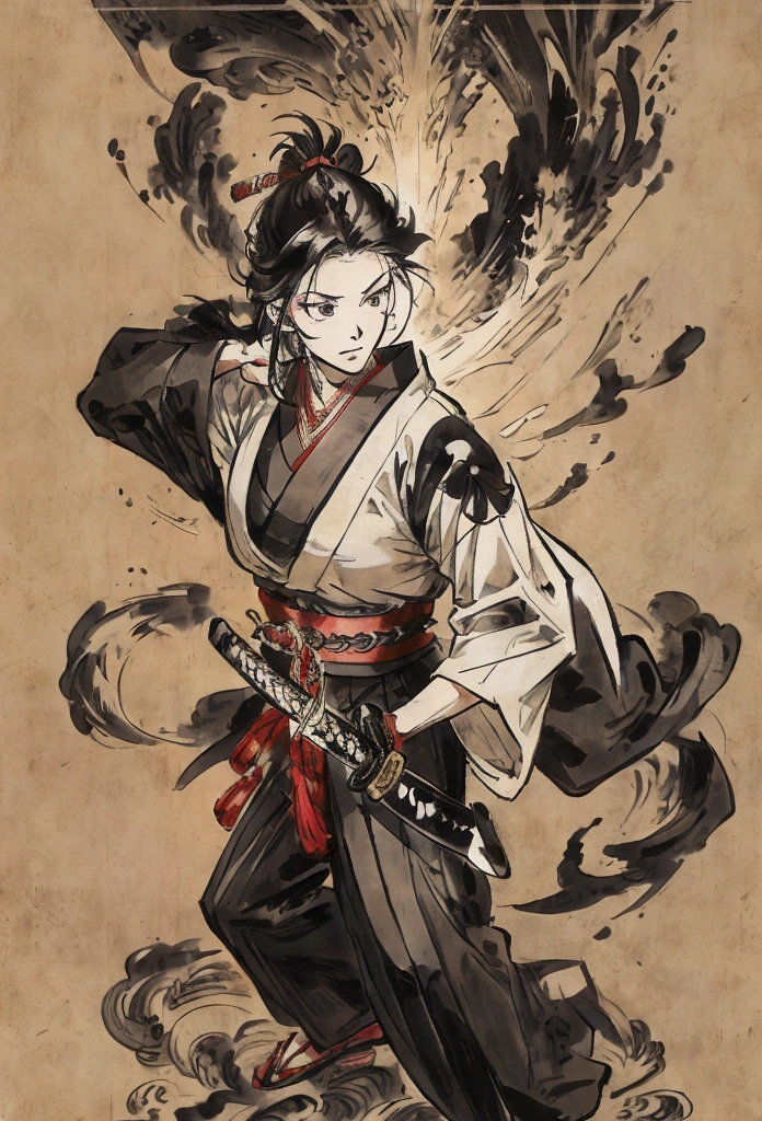 Character Design Character Reference Sheet Concept Character black and white manga style Taisho Romance action Japanese sword man Women samurai Slender full body