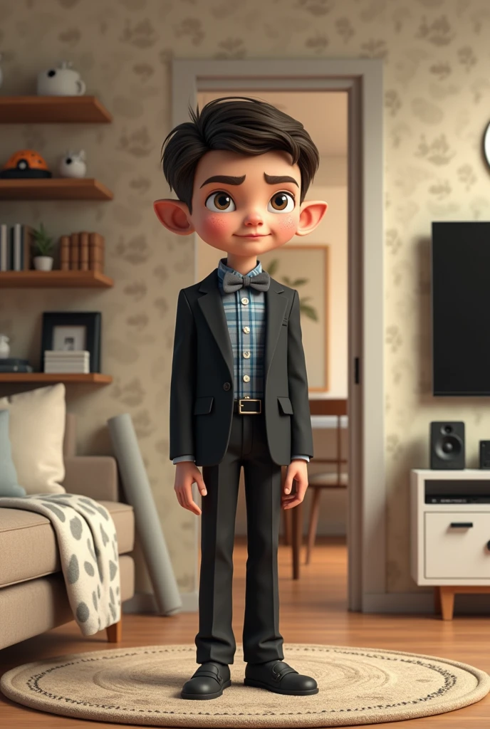 real photo, A boy of , thin, short trim, shaggy, large ears sticking out to the sides, spoon-eared, with straight facial features, freckled, defiant, stands in the center of the living room, facing the camera with a neutral expression and a slight smile. He is dressed in an elegant black single-button jacket with notched lapels, a button-down blue-and-white plaid shirt, and a gray bow tie. His right hand dangles relaxed by his side, while his left hand rests on the blazer's button. The room has light beige walls with a subtle damask pattern, creating a warm atmosphere. To the left, there is a beige couch with a concrete-colored throw pillow and a white blanket with a marbled pattern in shades of brown, beige, and black draped over it. A rolled-up piece of fabric, likely carpet or wallpaper, leans against the wall next to the couch. Above the couch, shelves are filled with various items, including books, decorative objects, and small toys. A TV stand with a flat-screen TV, a black speaker, and other electronic devices is visible in the midground. On the right side of the image, an open doorway leads to another room where a white cabinet with two small doors and silver handles is visible. The walls in this adjacent room have a darker damask pattern, and a small mirror hangs above the cabinet. The lighting in the room is soft and even, providing a balanced illumination across the scene without harsh shadows. The overall composition focuses on the young man, who stands on a circular patterned rug, creating a formal yet homey atmosphere in the lived-in living space.