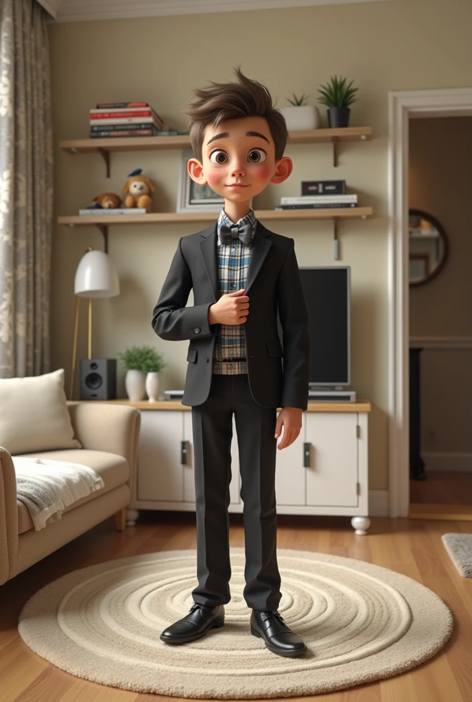 real photo, A boy of , thin, short trim, shaggy, large ears sticking out to the sides, spoon-eared, with straight facial features, freckled, defiant, stands in the center of the living room, facing the camera with a neutral expression and a slight smile. He is dressed in an elegant black single-button jacket with notched lapels, a button-down blue-and-white plaid shirt, and a gray bow tie. His right hand dangles relaxed by his side, while his left hand rests on the blazer's button. The room has light beige walls with a subtle damask pattern, creating a warm atmosphere. To the left, there is a beige couch with a concrete-colored throw pillow and a white blanket with a marbled pattern in shades of brown, beige, and black draped over it. A rolled-up piece of fabric, likely carpet or wallpaper, leans against the wall next to the couch. Above the couch, shelves are filled with various items, including books, decorative objects, and small toys. A TV stand with a flat-screen TV, a black speaker, and other electronic devices is visible in the midground. On the right side of the image, an open doorway leads to another room where a white cabinet with two small doors and silver handles is visible. The walls in this adjacent room have a darker damask pattern, and a small mirror hangs above the cabinet. The lighting in the room is soft and even, providing a balanced illumination across the scene without harsh shadows. The overall composition focuses on the young man, who stands on a circular patterned rug, creating a formal yet homey atmosphere in the lived-in living space.