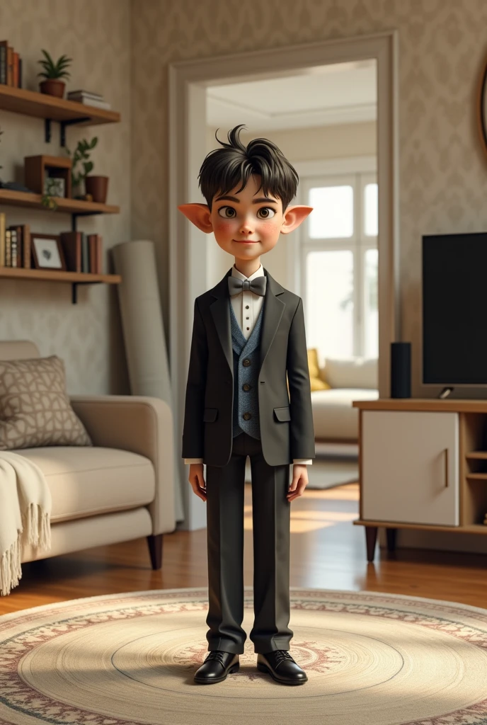 real photo, A boy of , thin, short trim, shaggy, large ears sticking out to the sides, spoon-eared, with straight facial features, freckled, defiant, stands in the center of the living room, facing the camera with a neutral expression and a slight smile. He is dressed in an elegant black single-on jacket with notched lapels, a buttown blue-and-white plaid shirt, and a gray bow tie.  His right hand dangles relaxed by his side, while his left hand rests on the blazer's button. room has light beige walls with a subtle damask pattern, creating a warm atmosphere. To the left, there is a beige couch with a concrete-colored throw pillow and a white blanket with a marbled pattern in shades of brown, beige, and black draped over it. A rolled-up piece of fabric, likely carpet or wallpaper, leans against the wall next to the couch. Above the couch, shelves are filled with various items, including books, decorative objects, and small toys. A TV stand with a flat-screen TV, a black speaker, and other electronic devices is visible in the midground. On the right side of the image, an open doorway leads to another roomere a white cabinet with two small doors and silver handles is visible. The walls in this adjacent room have a darker damask pattern, and a small mirror hangs above the cabinet. The lighting in the room is soft and even, providing a balanced illumination across the scene without harsh shadows. The overall composition focuses on the young man, who stands on a circular patterned rug, creating a formal yet homey atmosphere in the lived-in living space.