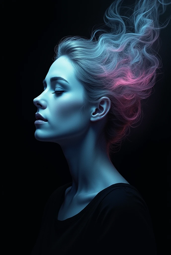 Create a breathtaking, award-winning illustration of a woman's face in a professional, highly detailed style. The image should be in black and white, with the woman's eyes closed. Her hair is styled in a bun, transforming into a cloud of blue and pink light against a black background. Smoke emerges from her mouth, blending into her hair, creating an eerie, unsettling atmosphere. The theme is horror, with a focus on a dark, spooky, and suspenseful mood. The style should be dystopian, bleak, and post-apocalyptic, conveying a somber and dramatic tone.